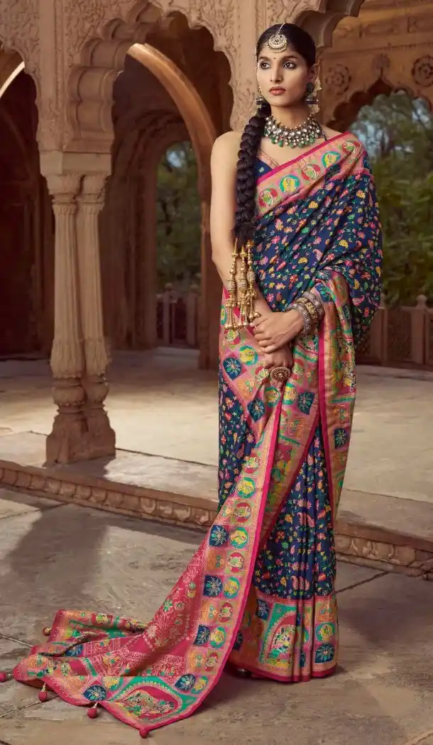 Navy Blue Silk Printed Saree for Women – 214193