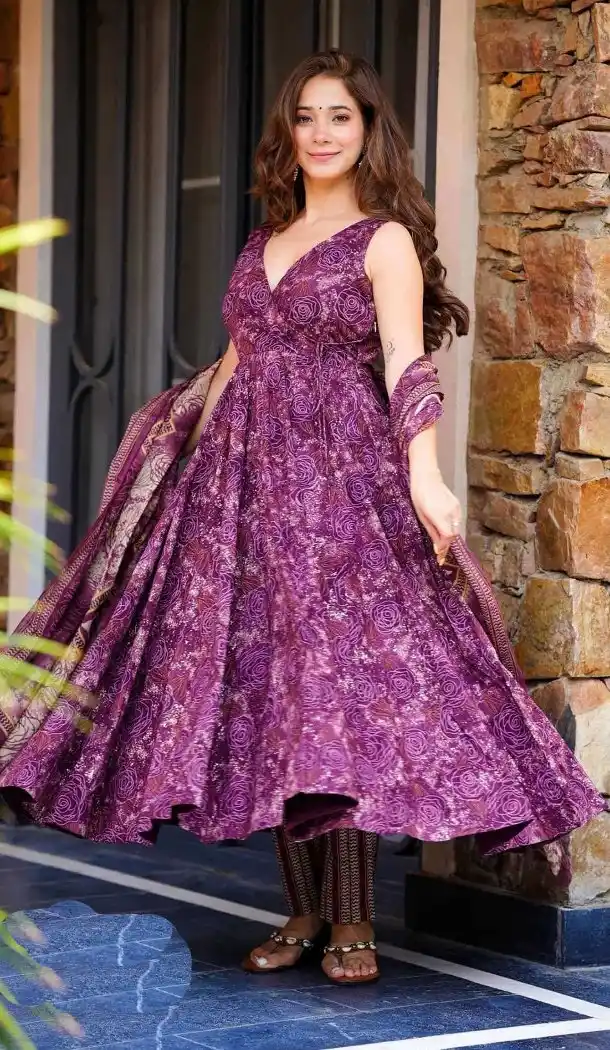 Purple Maslin Heavy Digital Printed Salwar Suit for Women – 214205