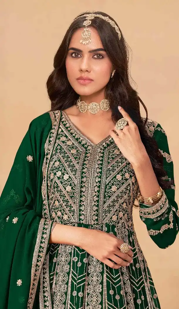 Green Faux Georgette Heavy Work Anarkali Suit – 214248