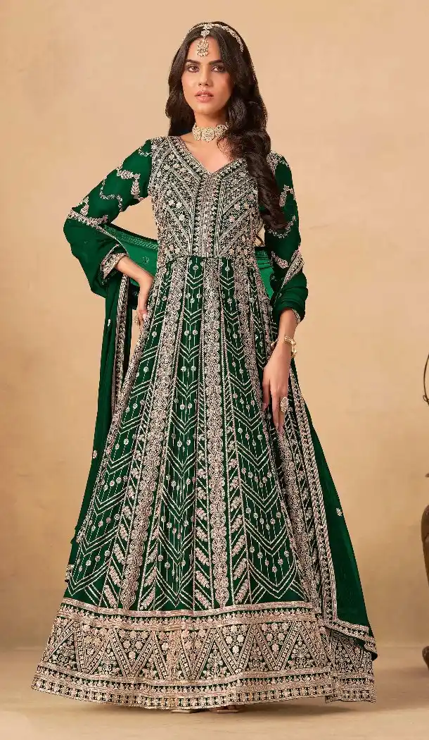 Green Faux Georgette Heavy Work Anarkali Suit – 214248