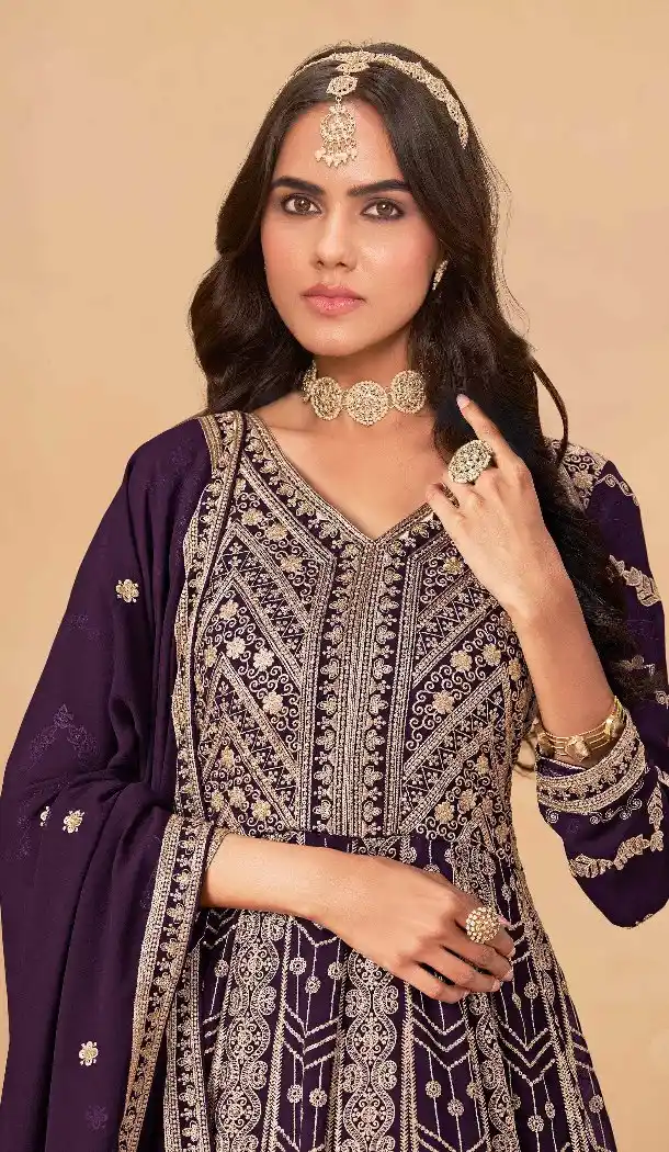 Purple Faux Georgette Heavy Work Anarkali Suit – 214249