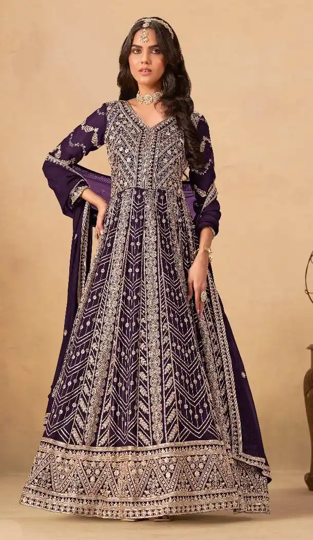 Purple Faux Georgette Heavy Work Anarkali Suit – 214249