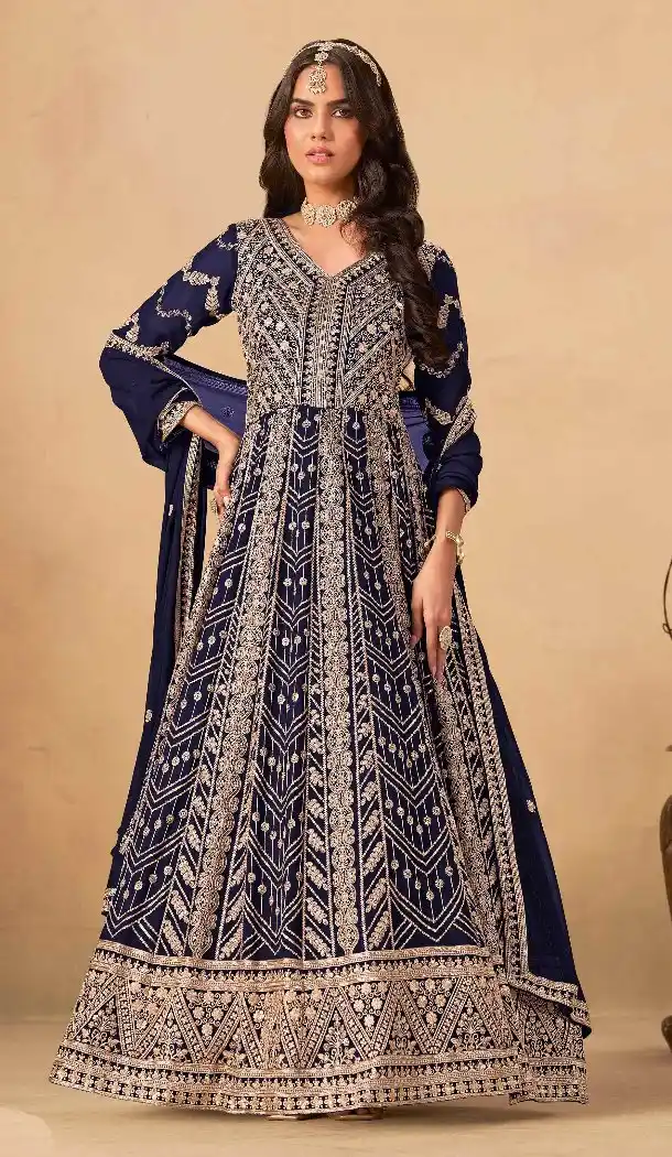 Navy Blue Faux Georgette Heavy Work Anarkali Suit – 214250