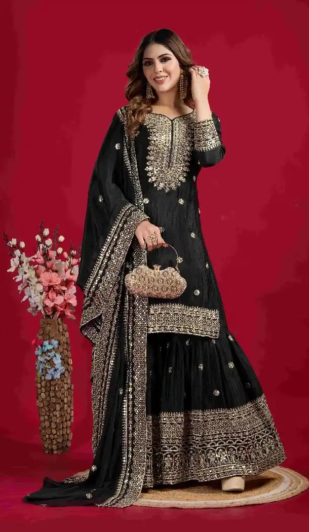 Black Chinnon Silk Sharara Suit with Elegant Embroidery – 214424