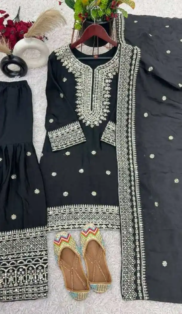 Black Chinnon Silk Sharara Suit with Elegant Embroidery – 214424