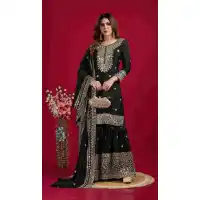 Black Chinnon Silk Sharara Suit with Elegant Embroidery – 214424