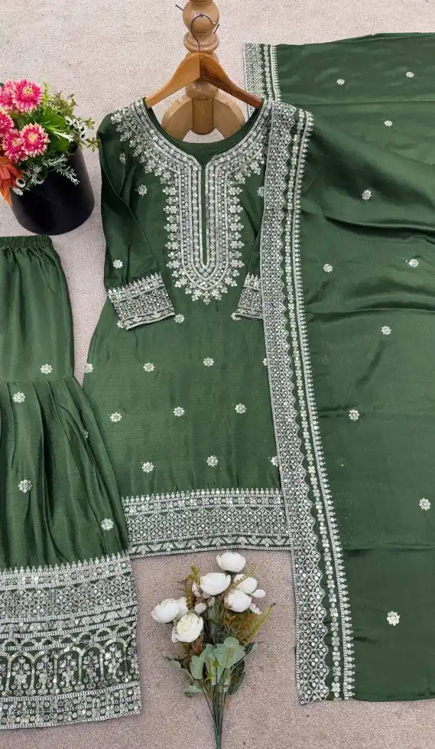 Green Chinnon Silk Designer Sharara Suit with Heavy Work – 214425