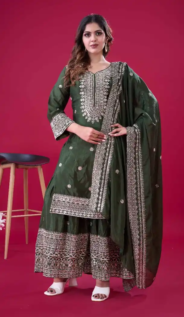 Green Chinnon Silk Designer Sharara Suit with Heavy Work – 214425