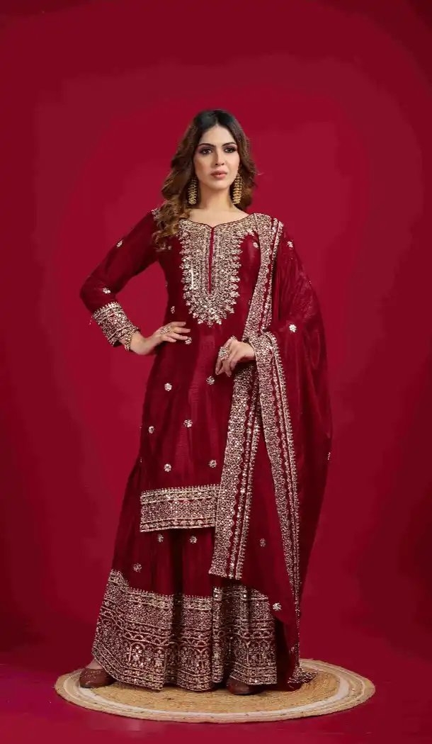 Maroon Heavy Embroidered Chinnon Silk Sharara Suit – 214426