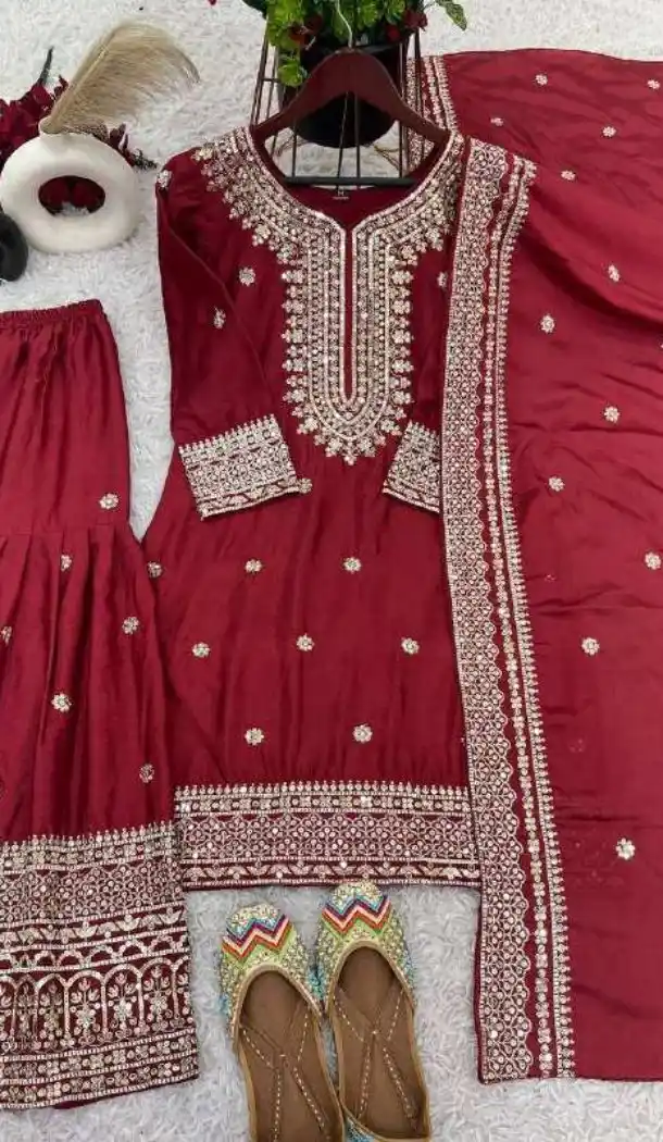 Maroon Heavy Embroidered Chinnon Silk Sharara Suit – 214426