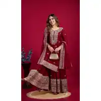 Maroon Heavy Embroidered Chinnon Silk Sharara Suit – 214426