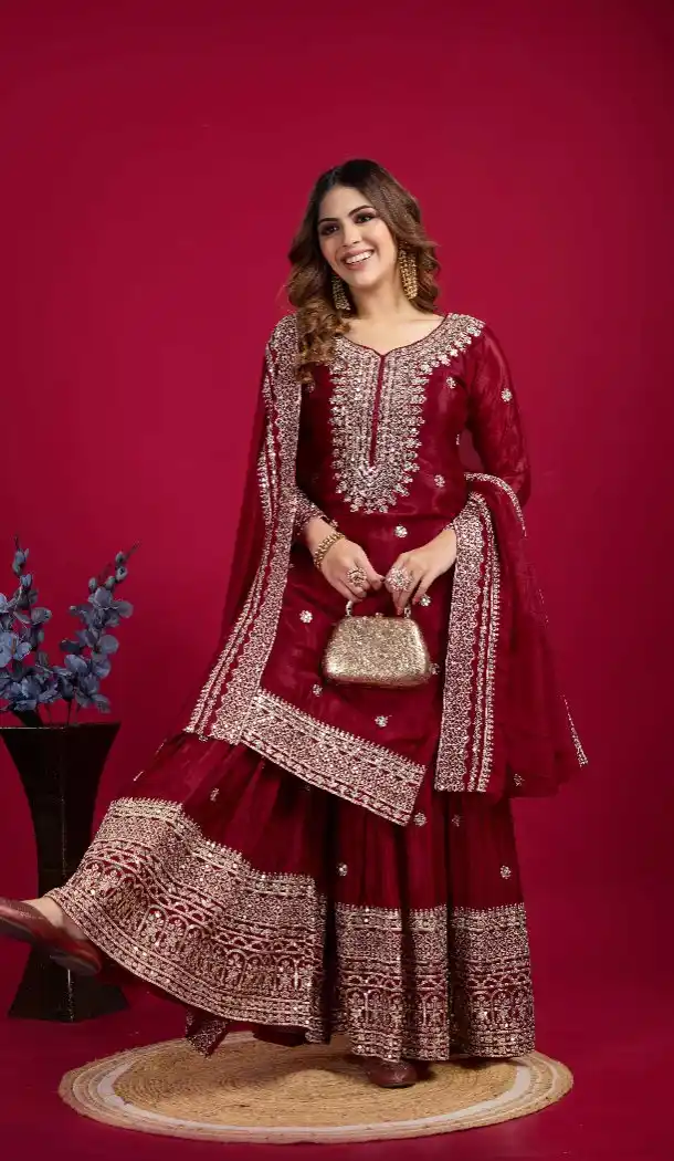 Maroon Heavy Embroidered Chinnon Silk Sharara Suit – 214426