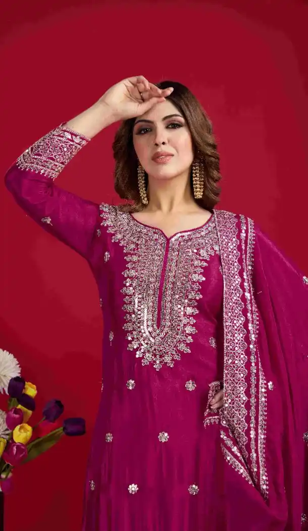 Pink Chinnon Silk Sharara Suit with Rich Embroidery – 214427