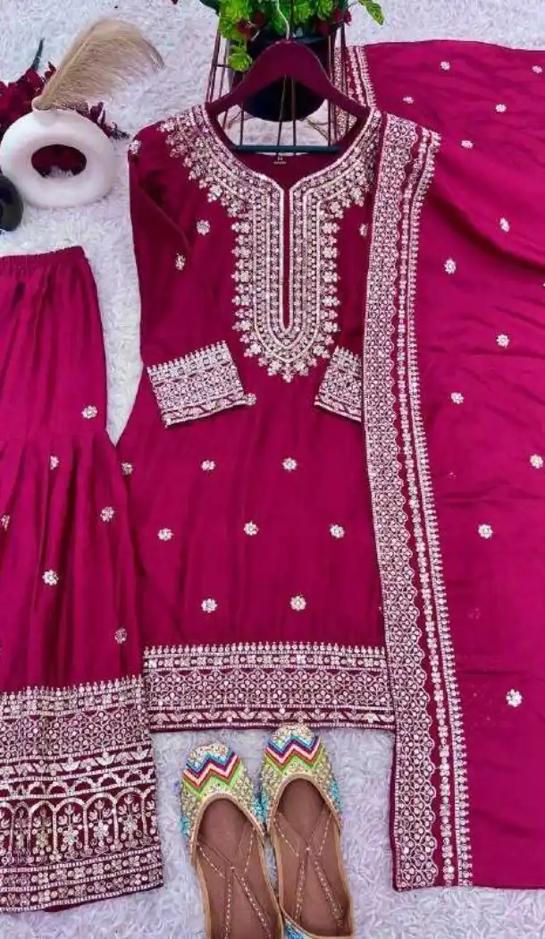 Pink Chinnon Silk Sharara Suit with Rich Embroidery – 214427