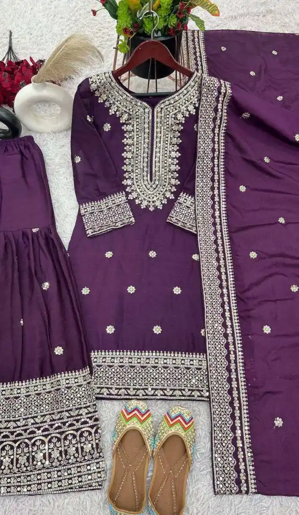 Purple Designer Sharara Suit in Chinnon Silk with Heavy Work – 214428