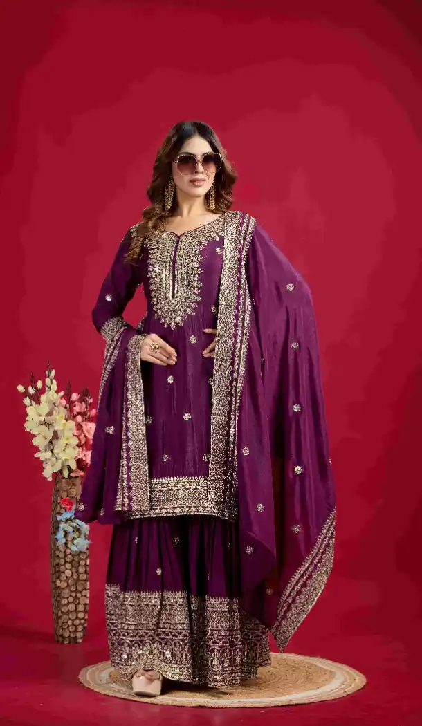 Purple Designer Sharara Suit in Chinnon Silk with Heavy Work – 214428