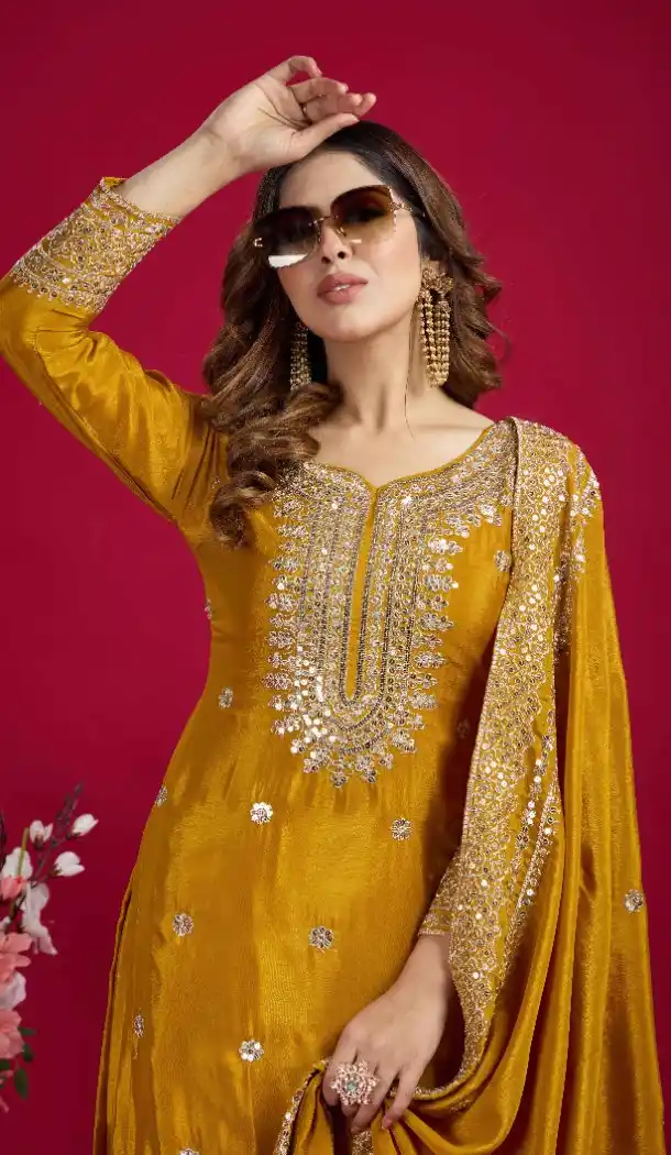 Yellow Festive Chinnon Silk Sharara Suit with Embroidery – 214429