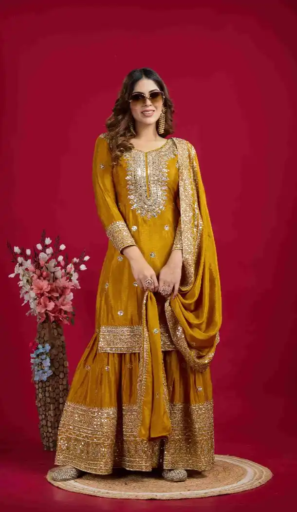 Yellow Festive Chinnon Silk Sharara Suit with Embroidery – 214429