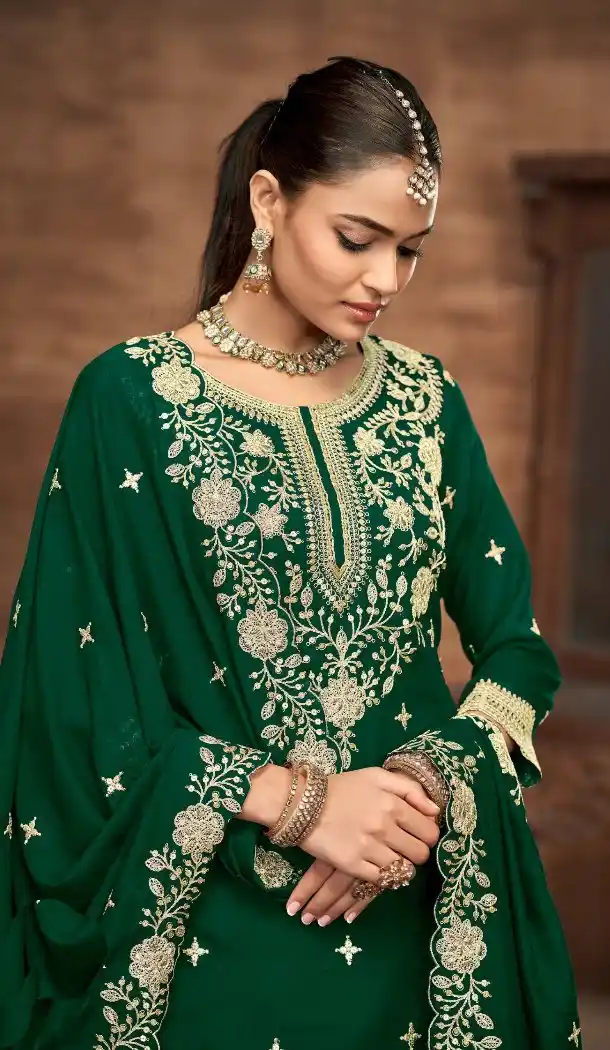 Green Embroidered Vichitra Silk Lehenga Suit – 214451