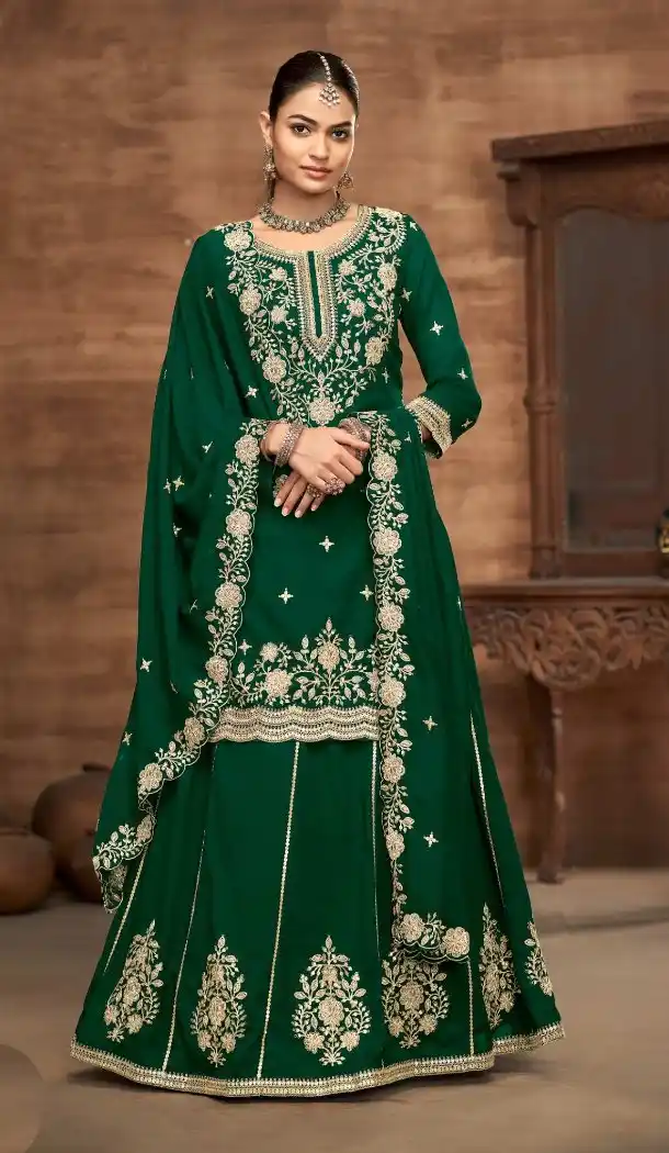 Green Embroidered Vichitra Silk Lehenga Suit – 214451