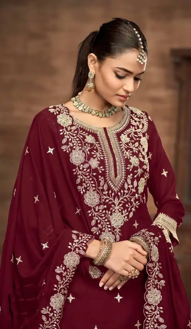 Maroon Vichitra Silk Lehenga Suit with Heavy Embroidery – 214454