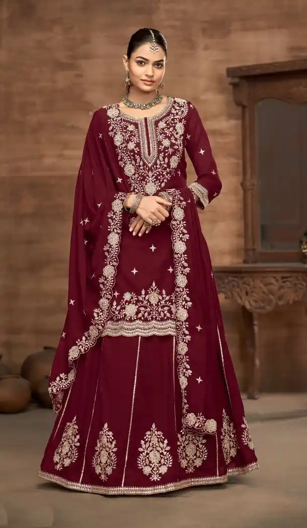 Maroon Vichitra Silk Lehenga Suit with Heavy Embroidery – 214454