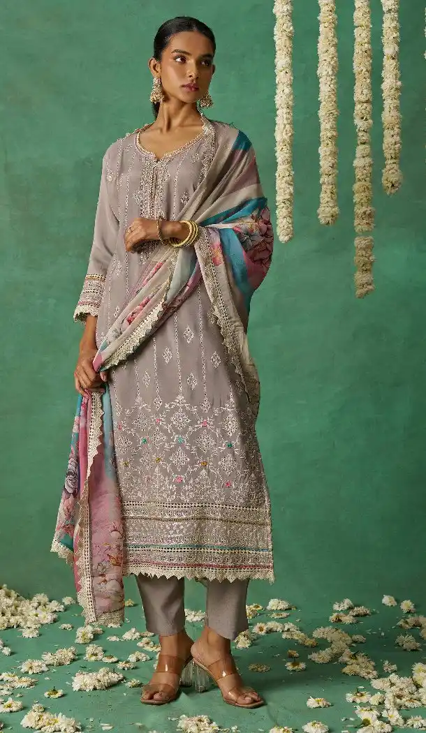 Embroidered Lavender Organza Suit – 214538