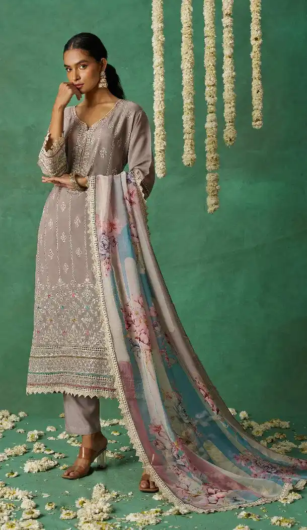 Embroidered Lavender Organza Suit – 214538