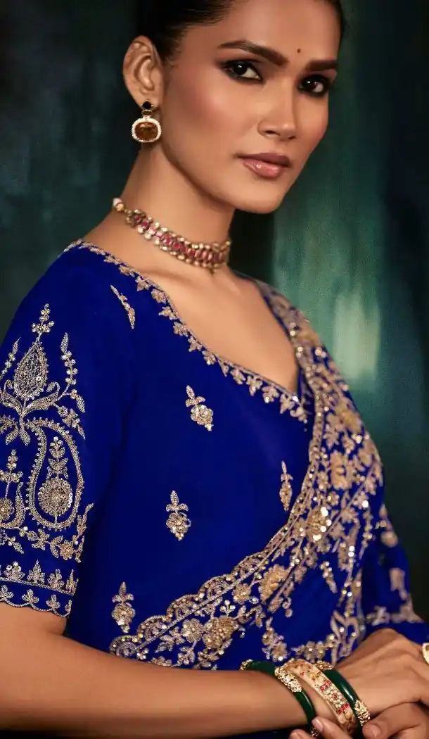 Royal Blue Georgette Embroidered Designer Saree – 214542