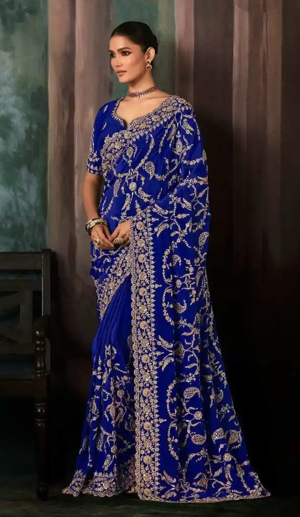 Royal Blue Georgette Embroidered Designer Saree – 214542
