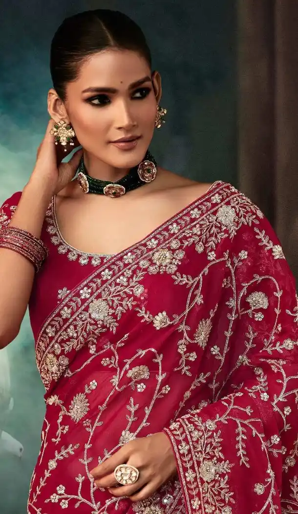 Dark Pink Georgette Embroidered Saree – 214544