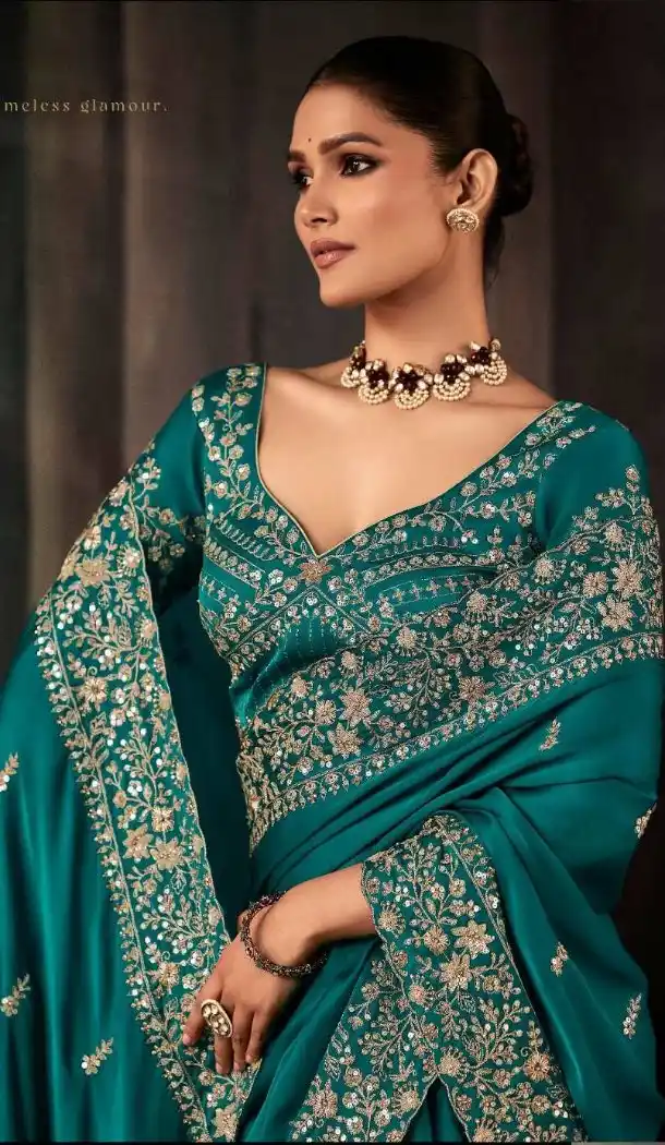 Teal Blue Georgette Embroidery Designer Saree – 214545