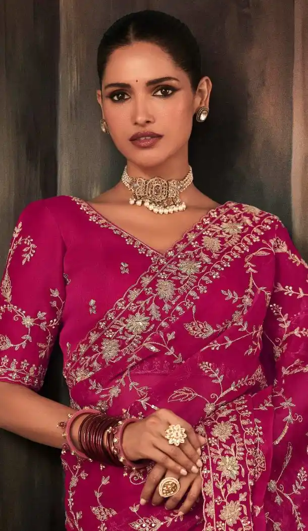 Rani Pink Georgette Embroidered Saree – 214546