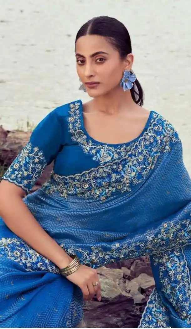 Royal Blue Satin Silk Embroidery Designer Saree for Women – 214765