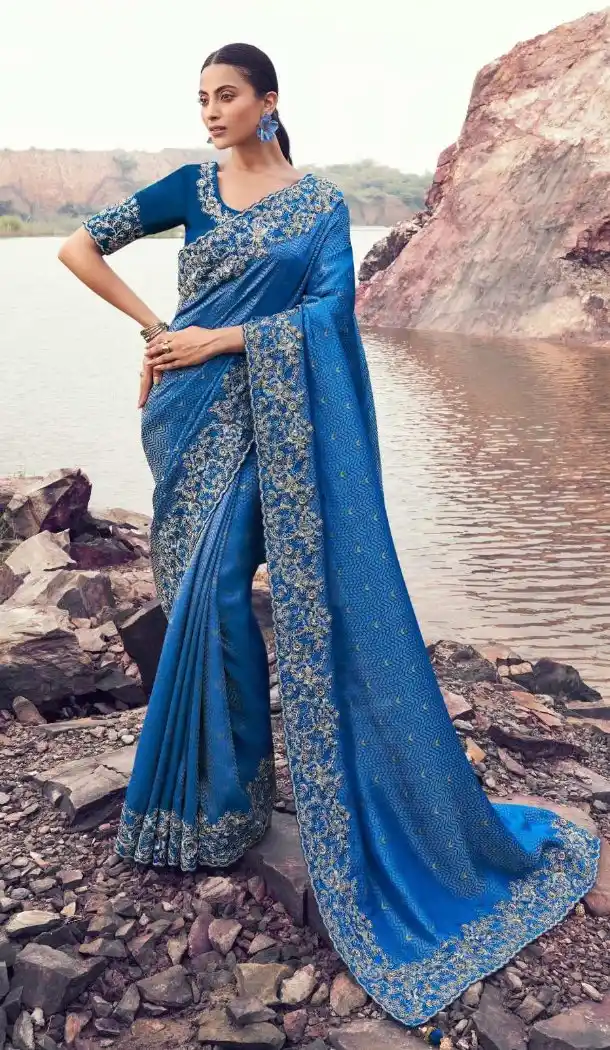 Royal Blue Satin Silk Embroidery Designer Saree for Women – 214765