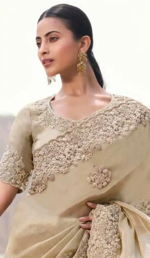 Beige Pure Tissue Designer Saree with Elegant Embroidery – 214766