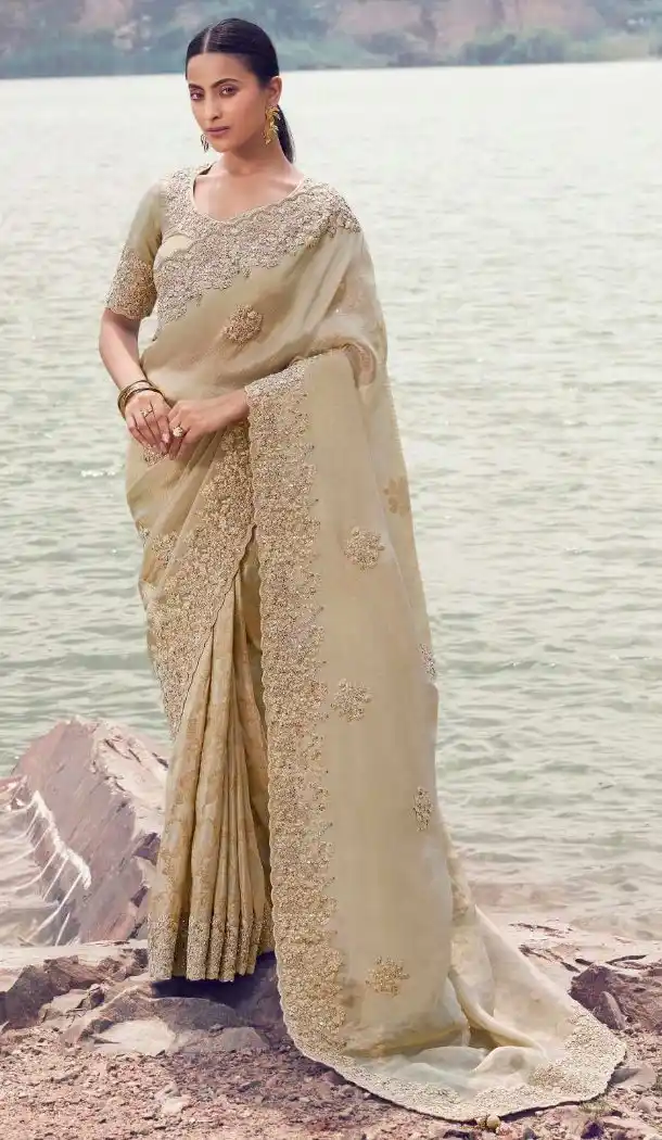 Beige Pure Tissue Designer Saree with Elegant Embroidery – 214766