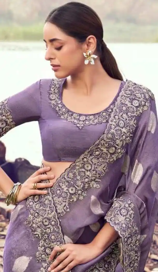 Purple Embroidered Pure Tissue Designer Saree for Women – 214767
