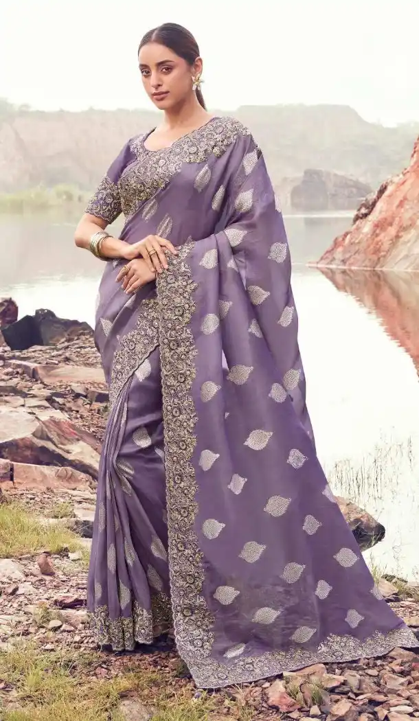 Purple Embroidered Pure Tissue Designer Saree for Women – 214767