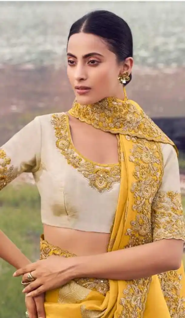 Yellow Pure Tissue Embroidery Work Designer Saree – 214768