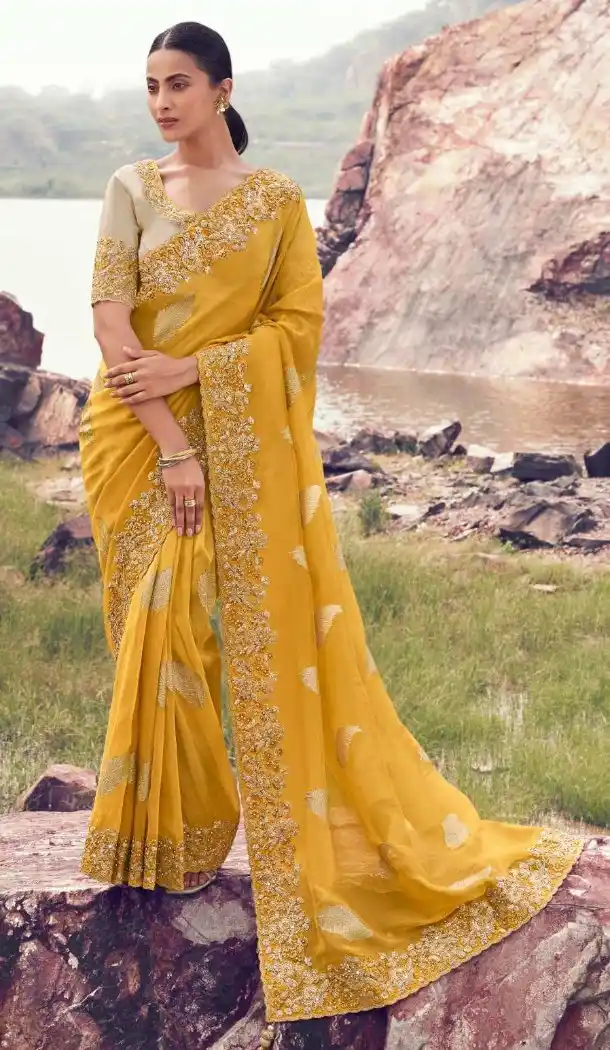 Yellow Pure Tissue Embroidery Work Designer Saree – 214768