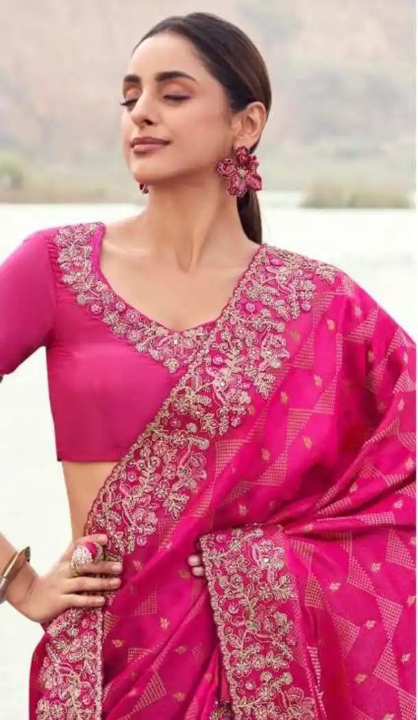Rani Pink Satin Silk Designer Saree with Embroidery – 214769