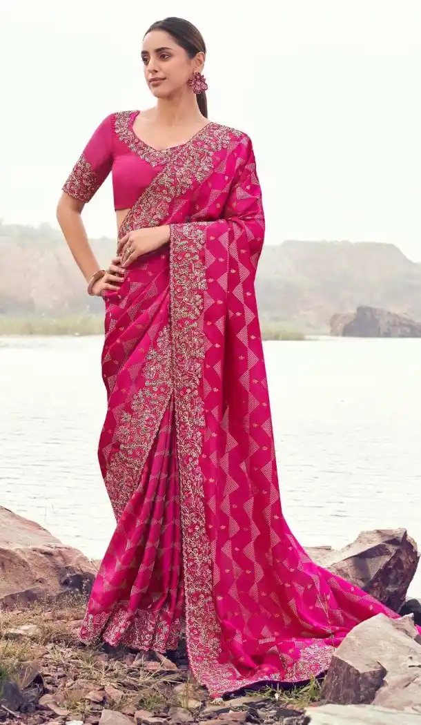 Rani Pink Satin Silk Designer Saree with Embroidery – 214769