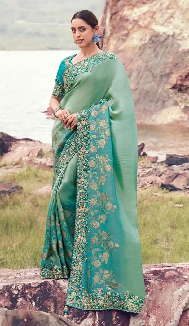 Sky Blue Shaded Pure Tissue Embroidered Designer Saree – 214770