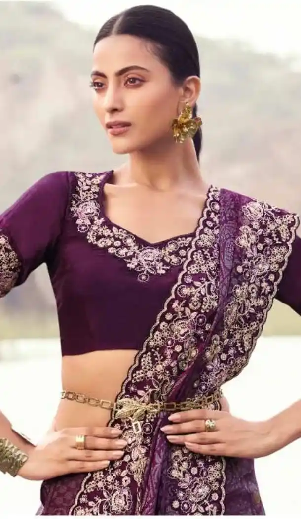 Wine Color Pure Tissue Embroidered Designer Saree – 214773