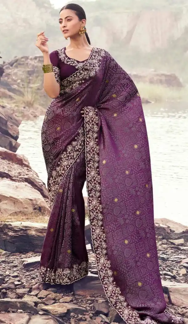 Wine Color Pure Tissue Embroidered Designer Saree – 214773