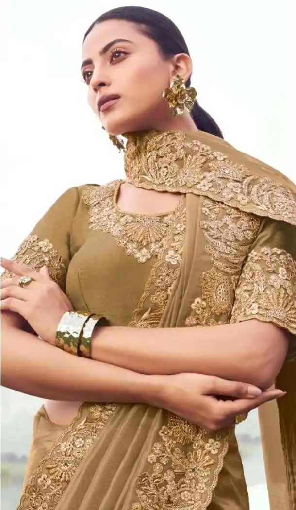 Chiku Satin Silk Designer Saree with Rich Embroidery – 214774