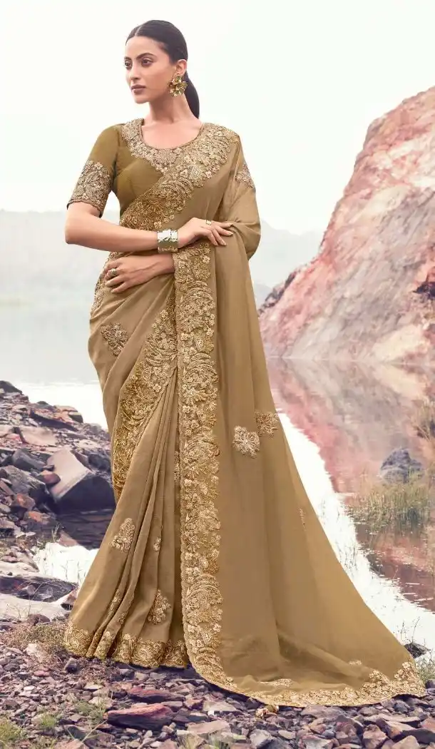 Chiku Satin Silk Designer Saree with Rich Embroidery – 214774