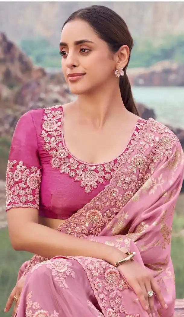 Onion Pink Pure Tissue Saree with Elegant Embroidery – 214775