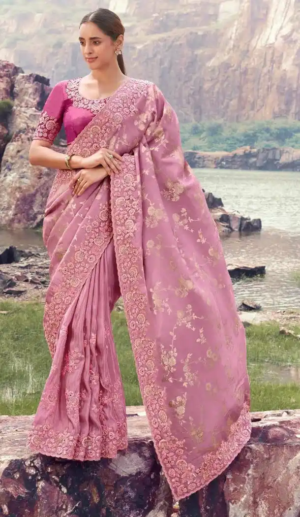 Onion Pink Pure Tissue Saree with Elegant Embroidery – 214775